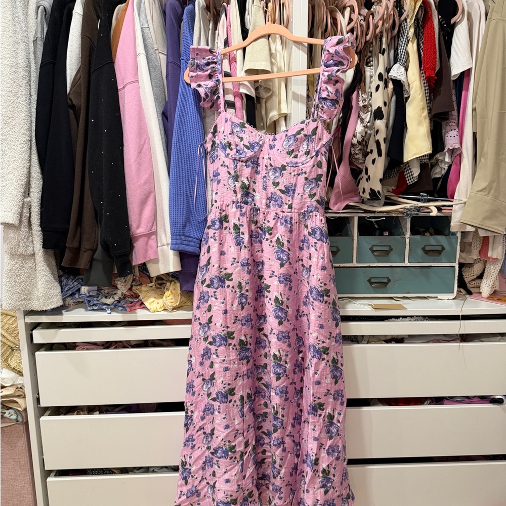 ASTR Pink Floral Ruffle Strap Midi Dress